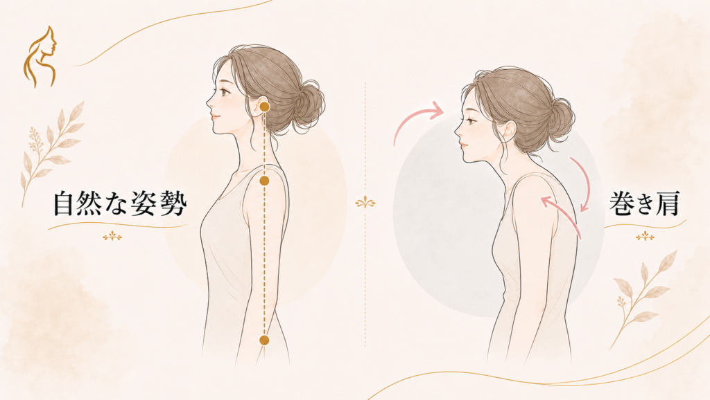 正常な姿勢と巻き肩の姿勢の比較イラスト