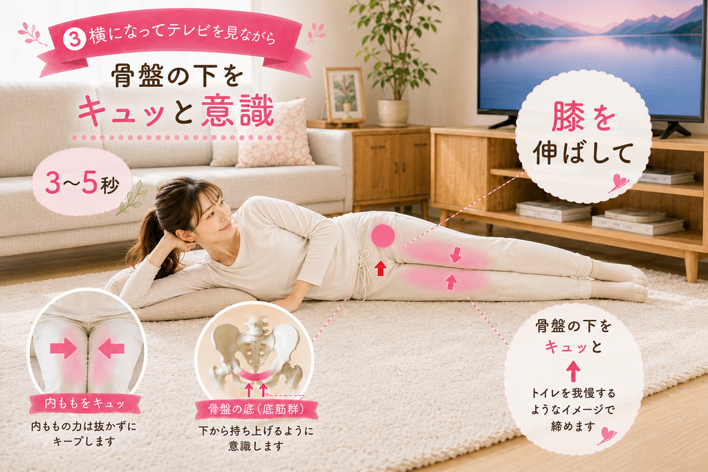 横向きに寝てテレビを見ながら、膝を伸ばして内ももと骨盤底筋を3〜5秒締める運動方法を示した図解