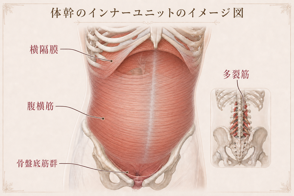 体幹のインナーマッスル（インナーユニット）四筋ー腹横筋・多裂筋・骨盤底筋・横隔膜