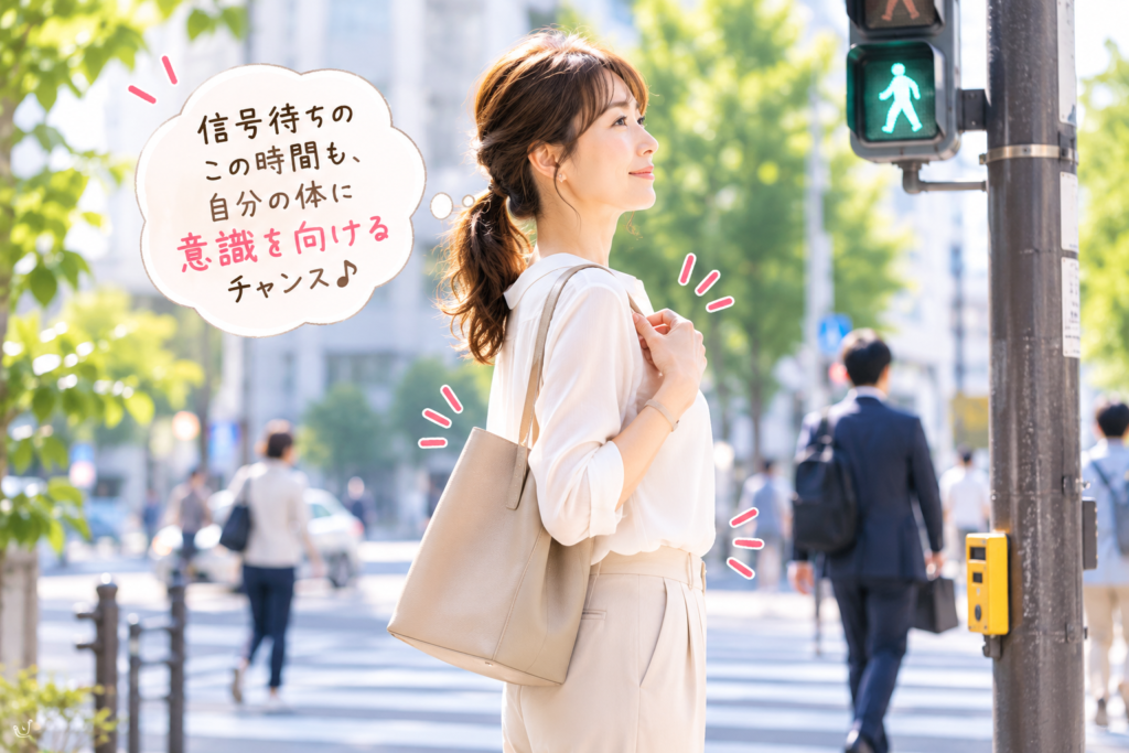 信号待ちのすき間時間に姿勢を意識して胸を伸ばす女性