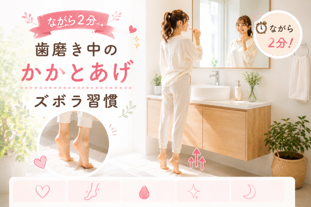 歯磨き中にかかと上げを行う女性。ながら2分で続けられる運動習慣を紹介するイメージ画像。