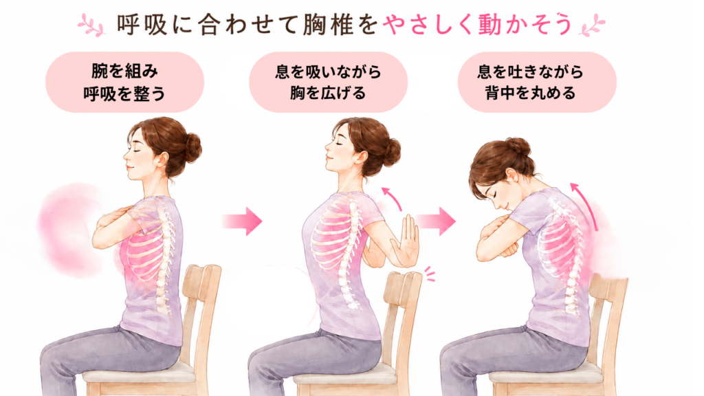 巻き肩改善のための肩甲骨引き寄せストレッチのやり方を示した画像