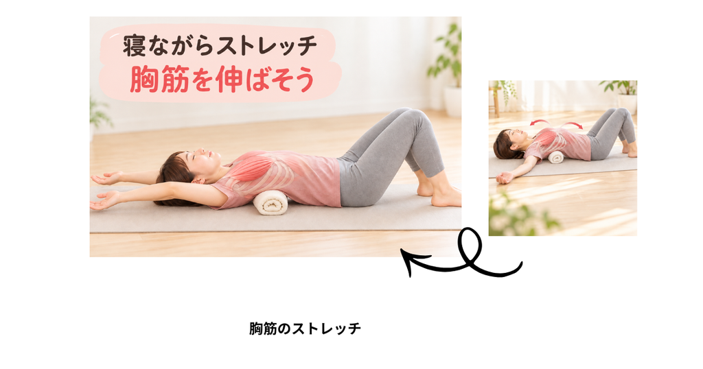 仰向けで背中の下に丸めたバスタオルを置き、両膝を曲げて腕を頭の上や左右に広げる胸筋ストレッチ。大胸筋をイラストで示したセルフケアの解説画像。