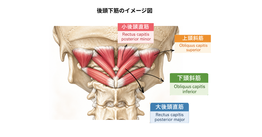 後頭部の深層に位置する4つの後頭下筋（大後頭直筋・小後頭直筋・上頭斜筋・下頭斜筋）の位置と走行を示した解剖学的イラスト。